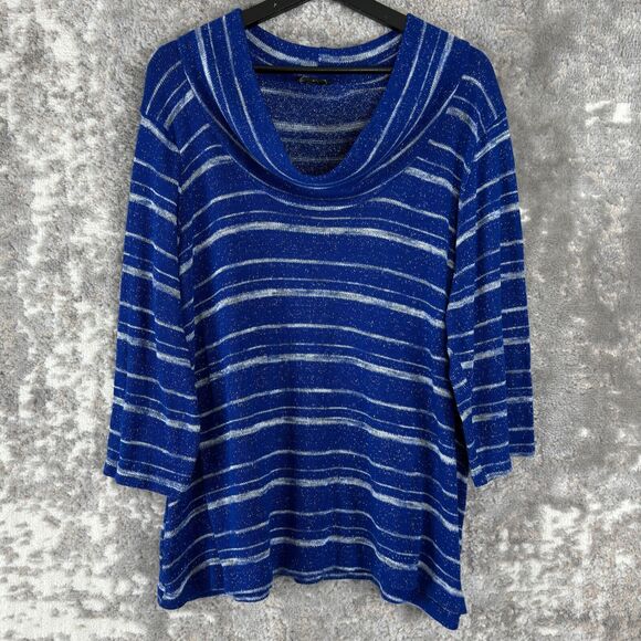 NWD New Woman Design Plus Size 3X Striped Mock Neck Sweater Blue 3/4 Sleeve - Picture 1 of 7